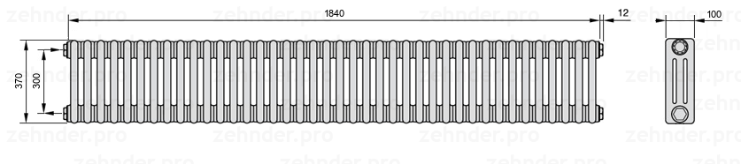 Схема (чертеж) Радиатор Zehnder Charleston 3037/40 №1270 Белый глянцевый RAL 9016